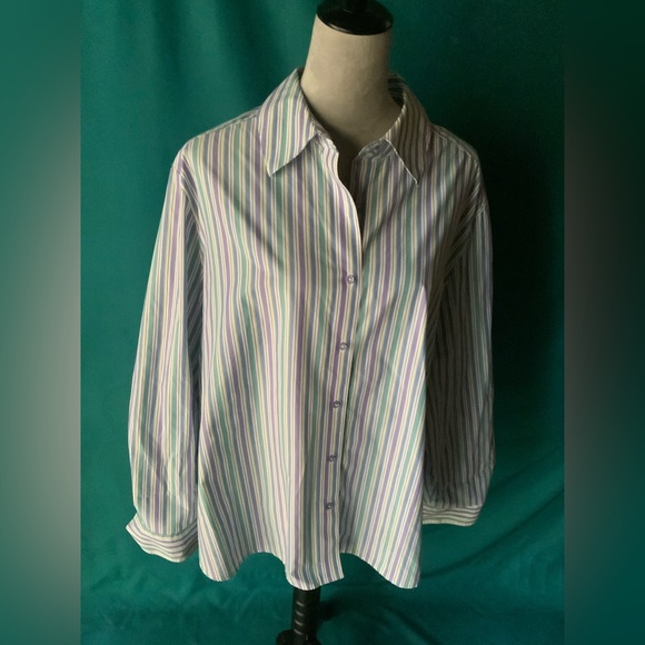 Foxcroft Multicolor Women’s Boyfriend Long Sleeve Button Down Striped Shirt, EUC - Picture 1 of 3